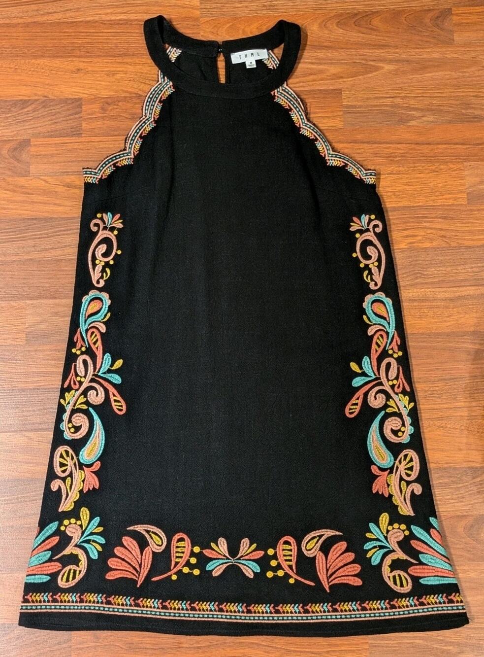 THML Anthropologie Size M Black Embroidered Cold Shoulder Boho Dress Linen Rayon